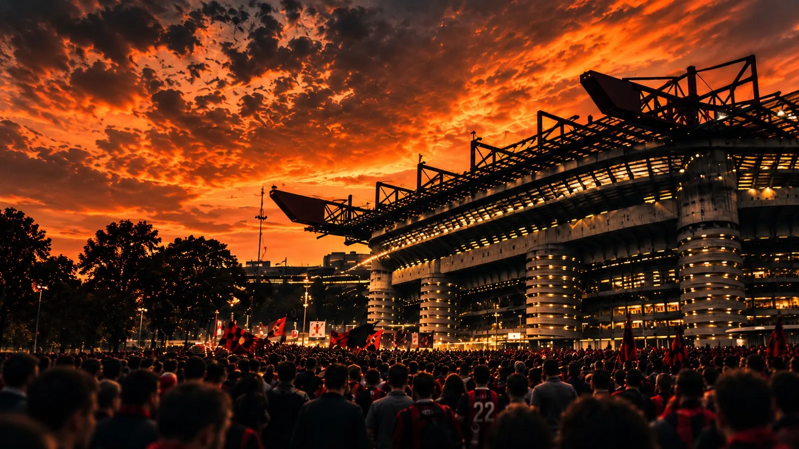 Lo stadio San Siro di Milano illuminato di notte